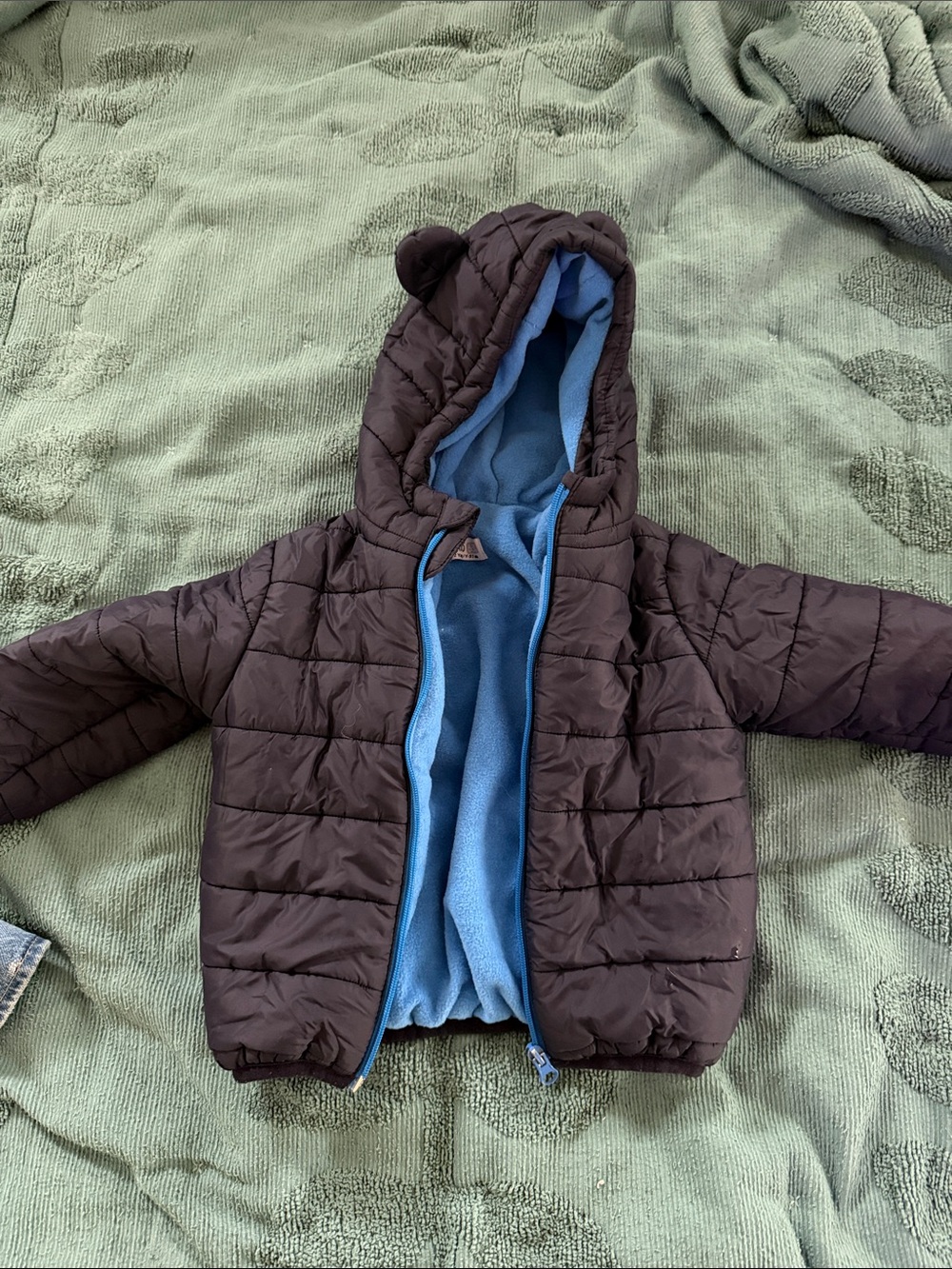 Navy Children's Quilted Hooded Puffer Jacket with Blue Fleece Lining